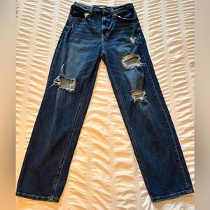 Willow + Root Dark Wash Distressed Straight-Leg Dad Jeans - size 28